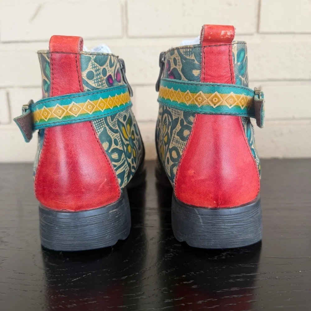Socofy Leather Art To Wear Boho Floral Ankle Boots Hippie Artisan EU 40 US 9